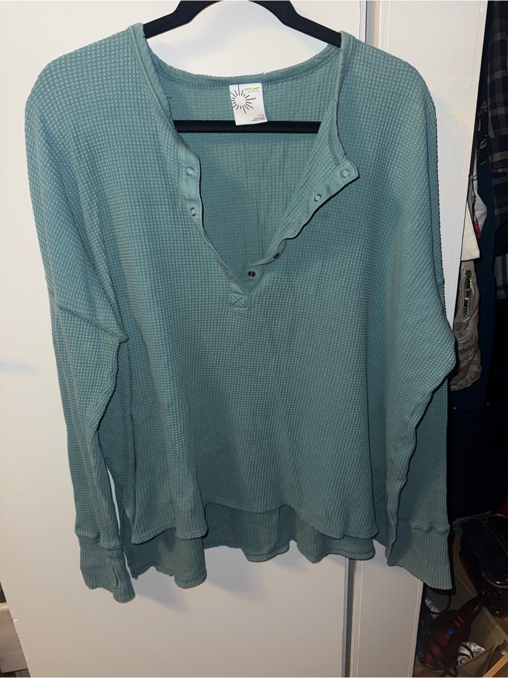 American Eagle Outfitters Waffle Henley Long Sleeve Top - Seafoam Green